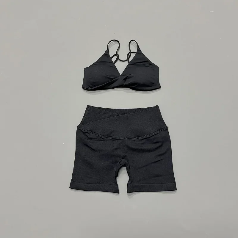 HISTELLO Vision Shorts Set Seamless Yoga Short Pants Suit Vision Twist Front Sports Bra Scrunch Butt Backless GYM Clothing