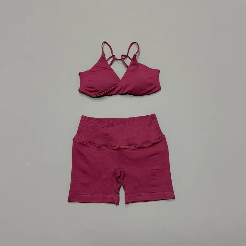 HISTELLO Vision Shorts Set Seamless Yoga Short Pants Suit Vision Twist Front Sports Bra Scrunch Butt Backless GYM Clothing