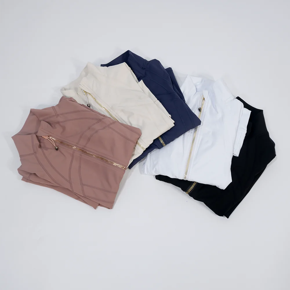 Spring New Stand-Up Collar Gold Zipper Jacket, Sports and Fitness Casual High-Elasticity Long-Sleeved Women's Slimming Yoga Wear