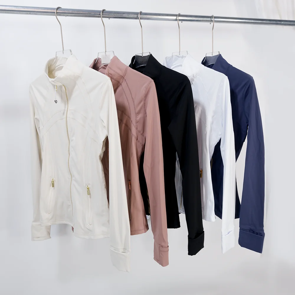 Spring New Stand-Up Collar Gold Zipper Jacket, Sports and Fitness Casual High-Elasticity Long-Sleeved Women's Slimming Yoga Wear