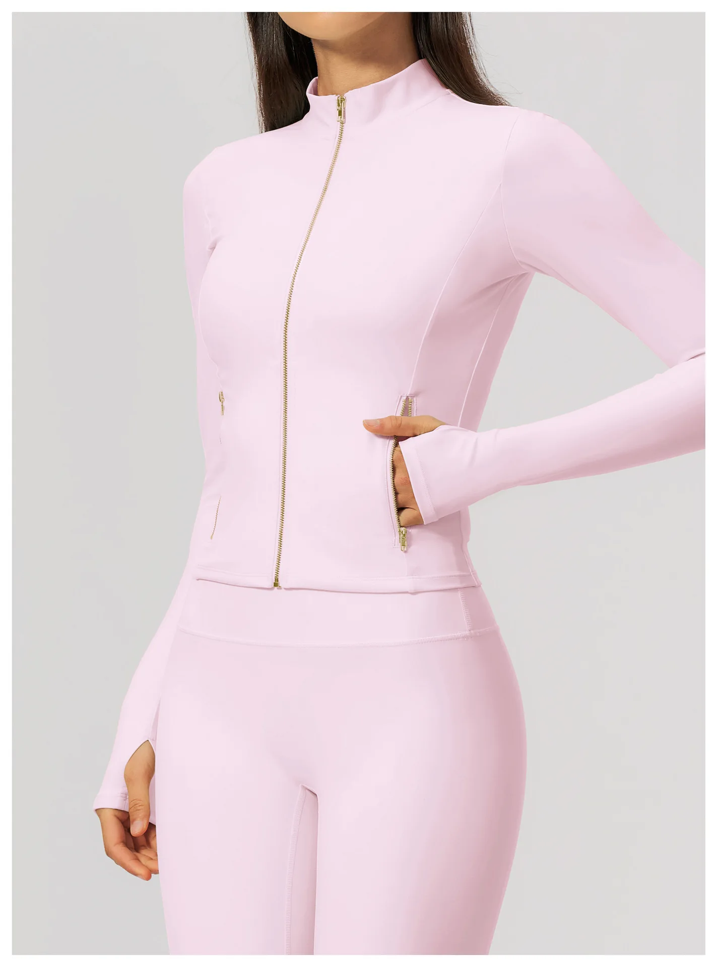 Women Zip Up Long Sleeve Yoga Jacket Thumb Hole Stand Collar Slim Crop Athletic Top Fitness Running Workout Gym Sport Outerwear