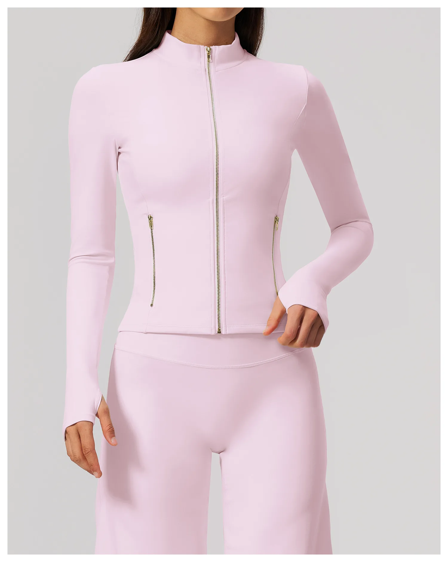 Women Zip Up Long Sleeve Yoga Jacket Thumb Hole Stand Collar Slim Crop Athletic Top Fitness Running Workout Gym Sport Outerwear