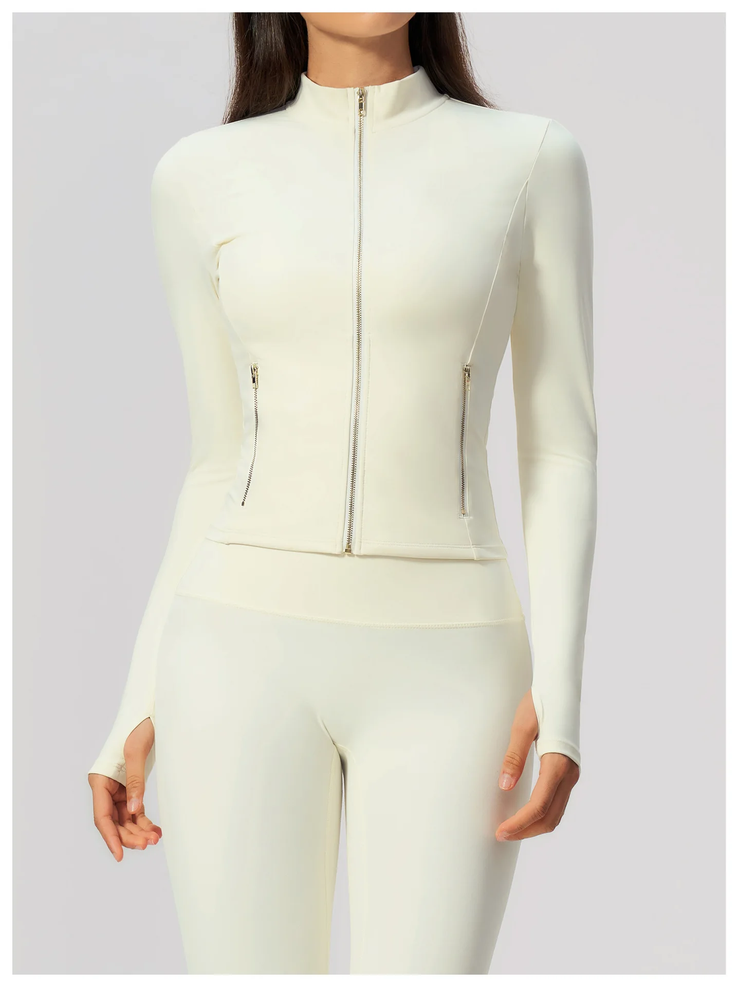 Women Zip Up Long Sleeve Yoga Jacket Thumb Hole Stand Collar Slim Crop Athletic Top Fitness Running Workout Gym Sport Outerwear