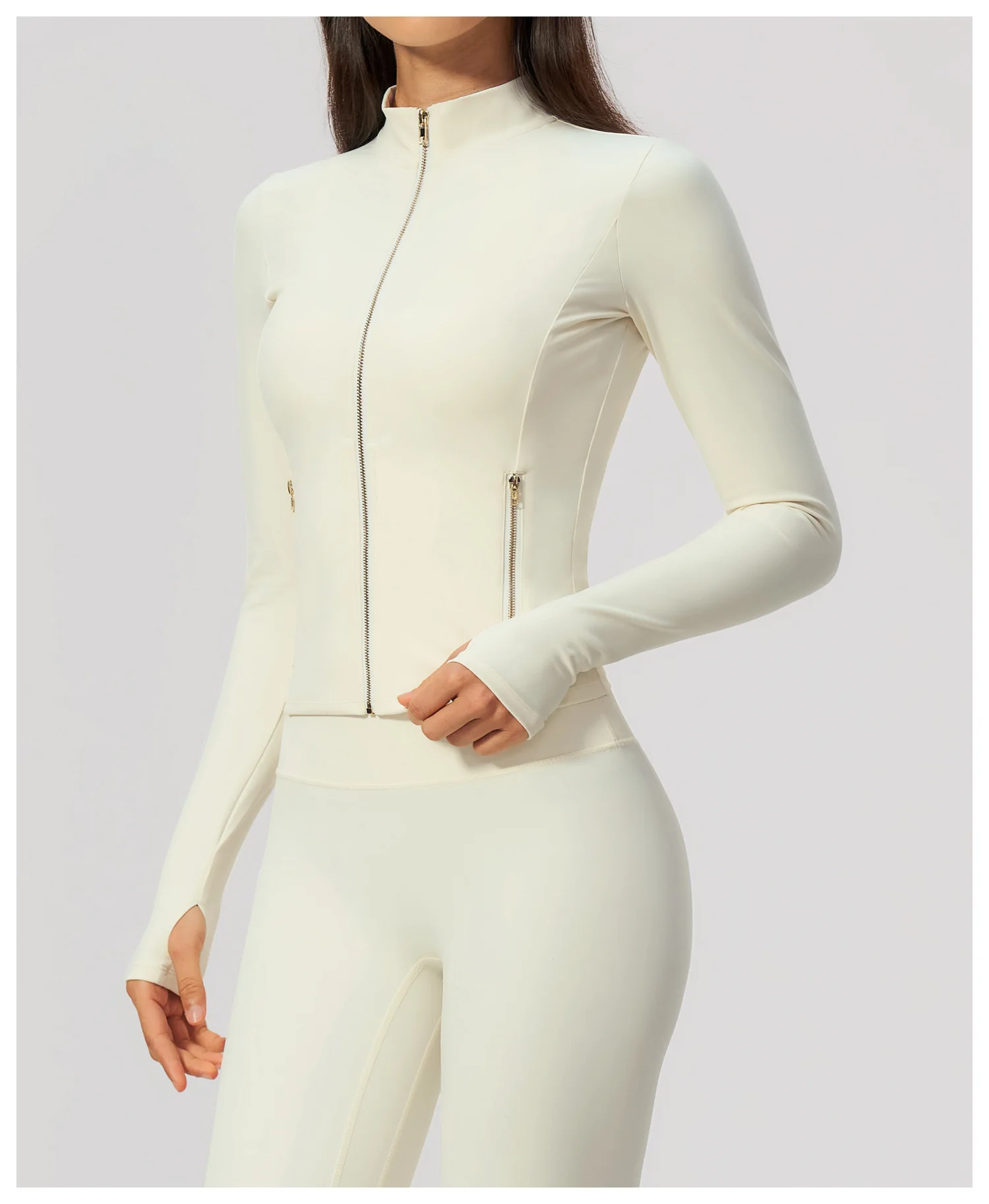 Women Zip Up Long Sleeve Yoga Jacket Thumb Hole Stand Collar Slim Crop Athletic Top Fitness Running Workout Gym Sport Outerwear