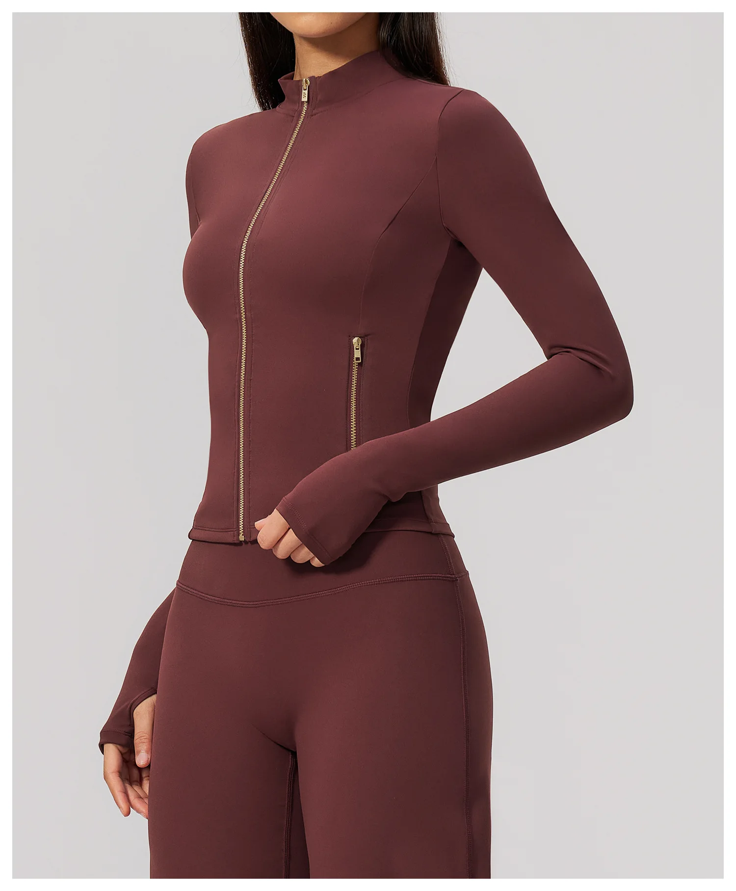 Women Zip Up Long Sleeve Yoga Jacket Thumb Hole Stand Collar Slim Crop Athletic Top Fitness Running Workout Gym Sport Outerwear