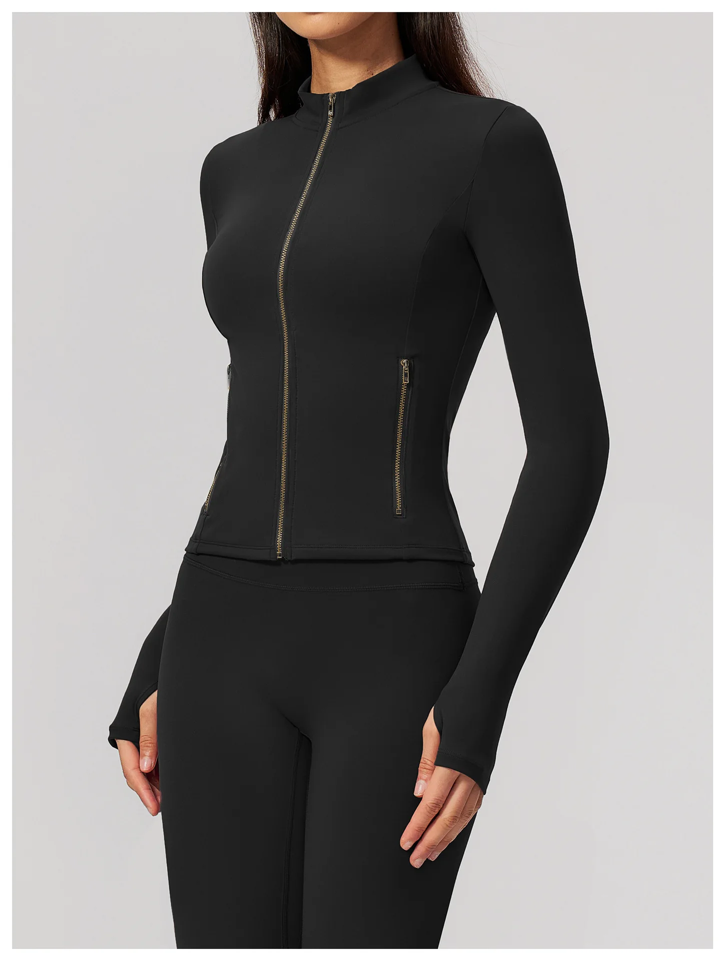 Women Zip Up Long Sleeve Yoga Jacket Thumb Hole Stand Collar Slim Crop Athletic Top Fitness Running Workout Gym Sport Outerwear
