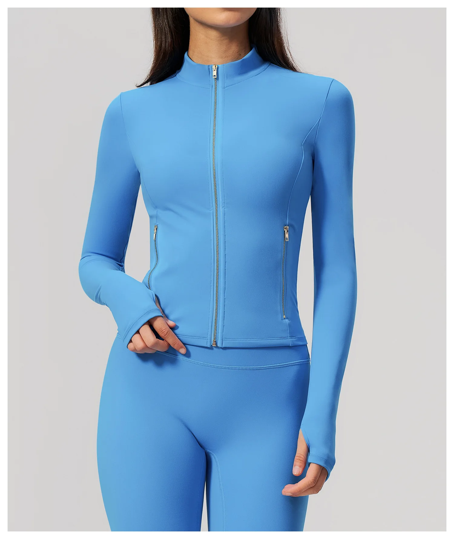 Women Zip Up Long Sleeve Yoga Jacket Thumb Hole Stand Collar Slim Crop Athletic Top Fitness Running Workout Gym Sport Outerwear