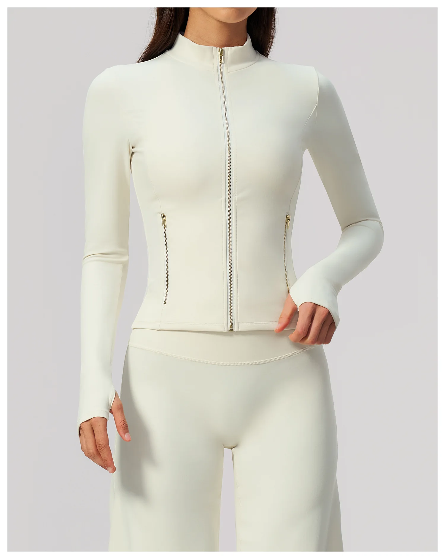 Women Zip Up Long Sleeve Yoga Jacket Thumb Hole Stand Collar Slim Crop Athletic Top Fitness Running Workout Gym Sport Outerwear