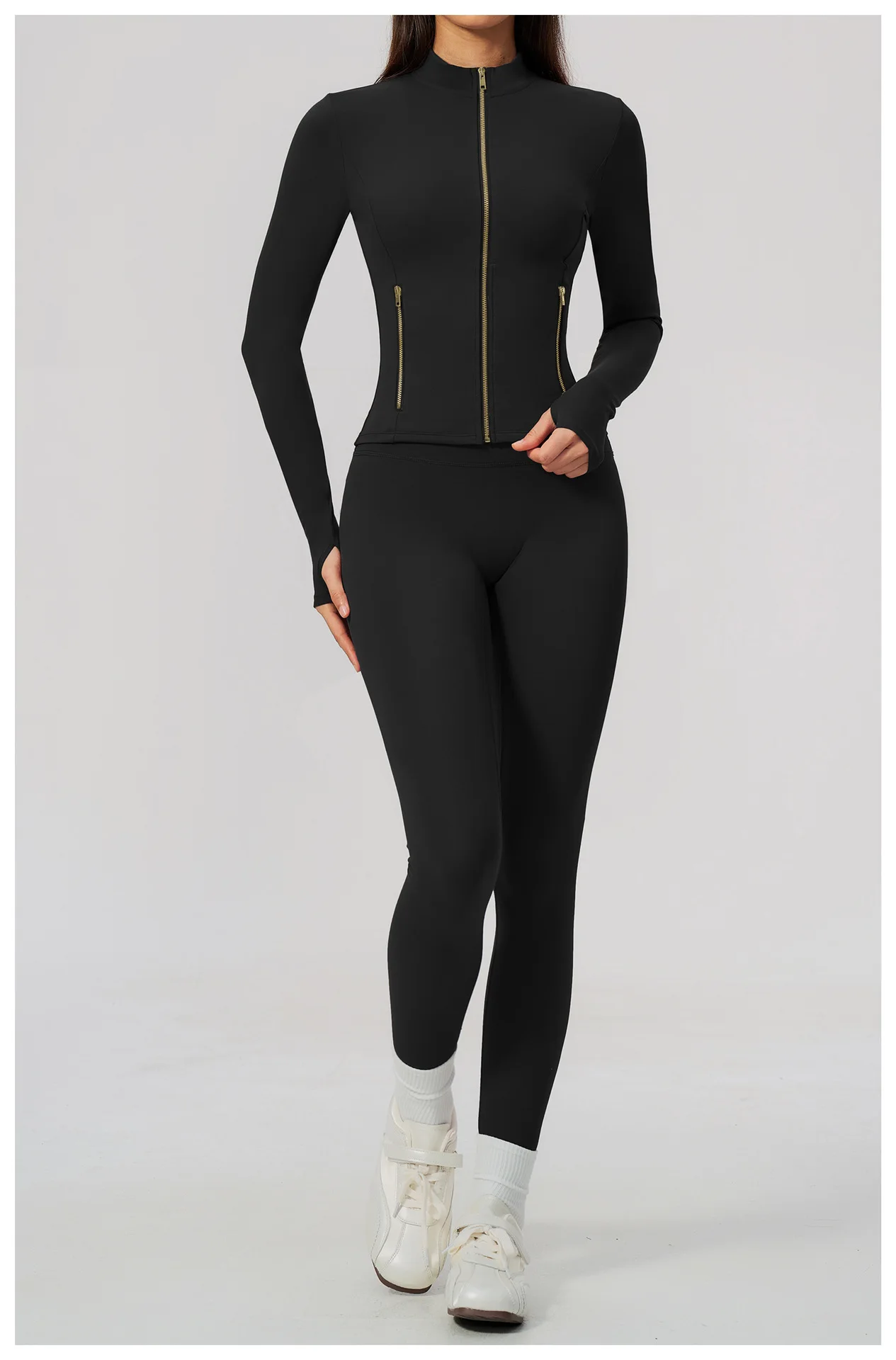 Women Zip Up Long Sleeve Yoga Jacket Thumb Hole Stand Collar Slim Crop Athletic Top Fitness Running Workout Gym Sport Outerwear