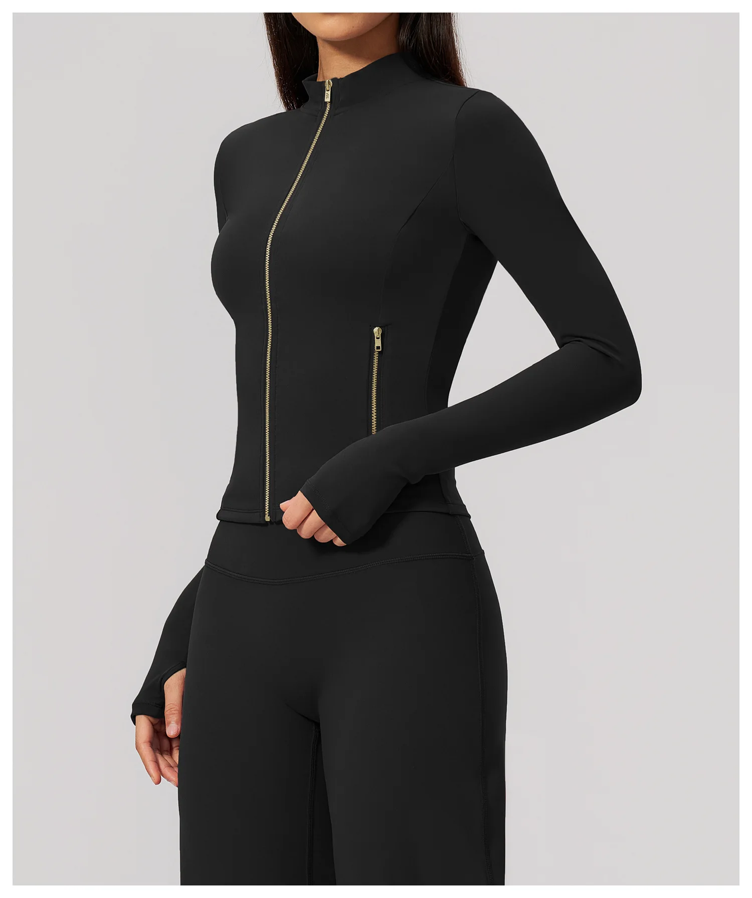 Women Zip Up Long Sleeve Yoga Jacket Thumb Hole Stand Collar Slim Crop Athletic Top Fitness Running Workout Gym Sport Outerwear