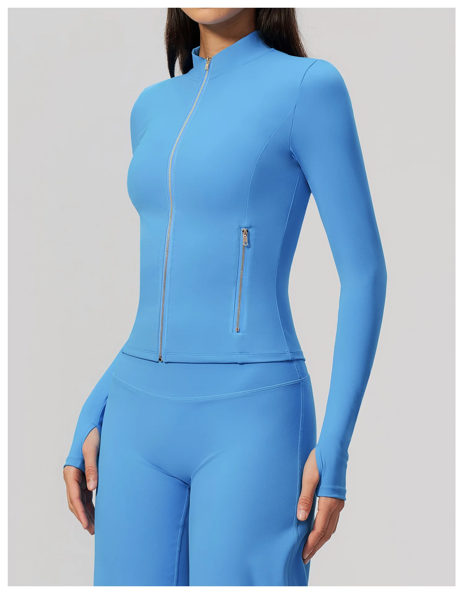 Women Zip Up Long Sleeve Yoga Jacket Thumb Hole Stand Collar Slim Crop Athletic Top Fitness Running Workout Gym Sport Outerwear