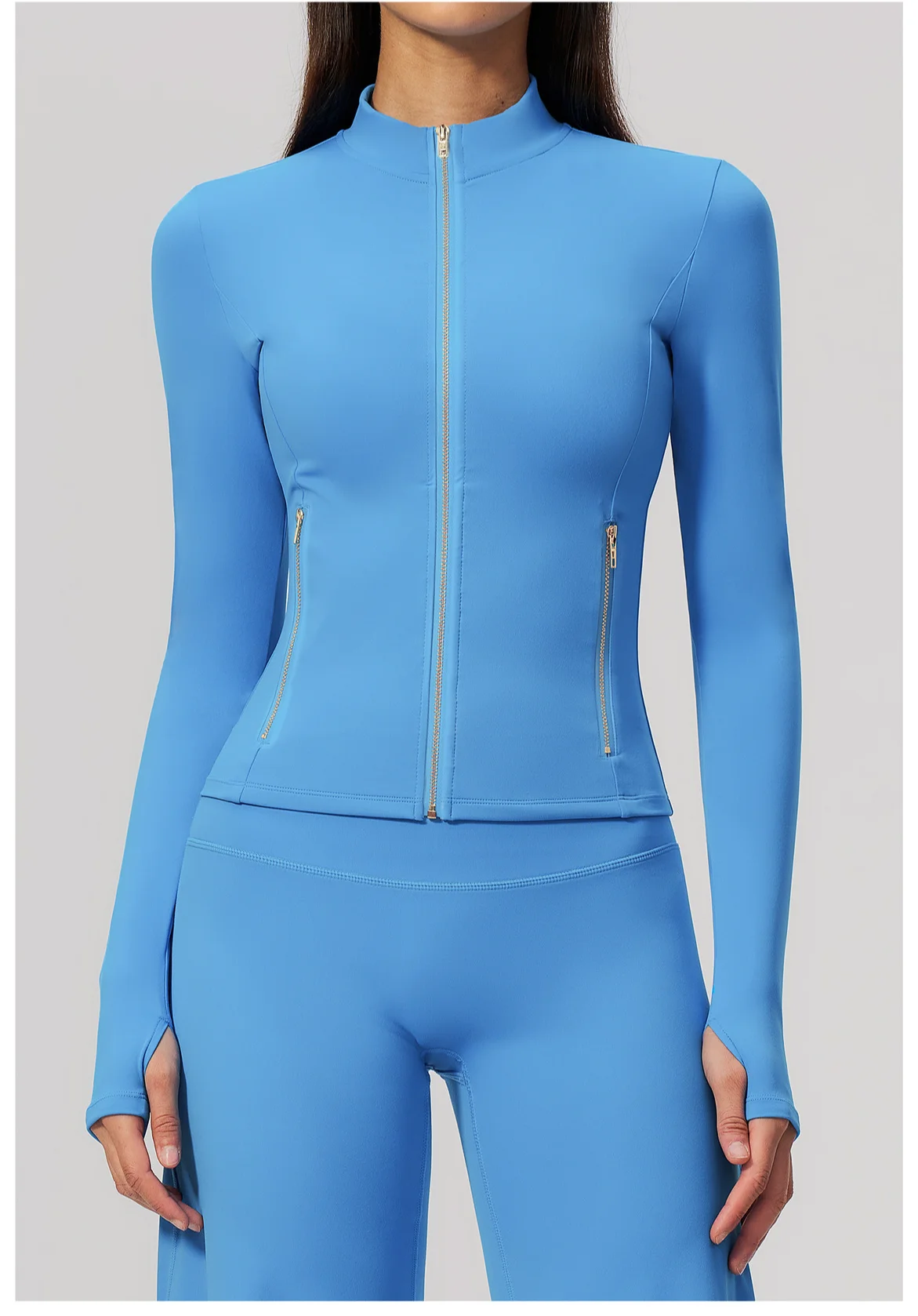 Women Zip Up Long Sleeve Yoga Jacket Thumb Hole Stand Collar Slim Crop Athletic Top Fitness Running Workout Gym Sport Outerwear