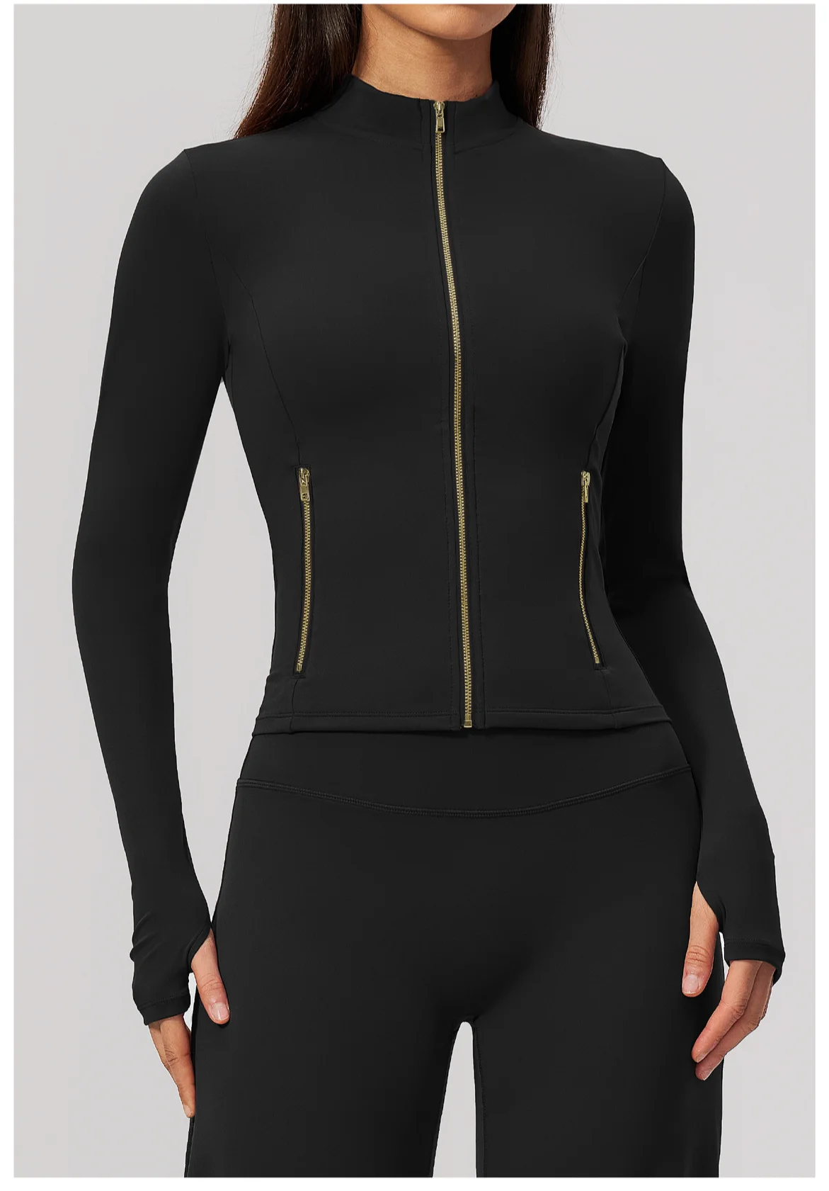 Women Zip Up Long Sleeve Yoga Jacket Thumb Hole Stand Collar Slim Crop Athletic Top Fitness Running Workout Gym Sport Outerwear
