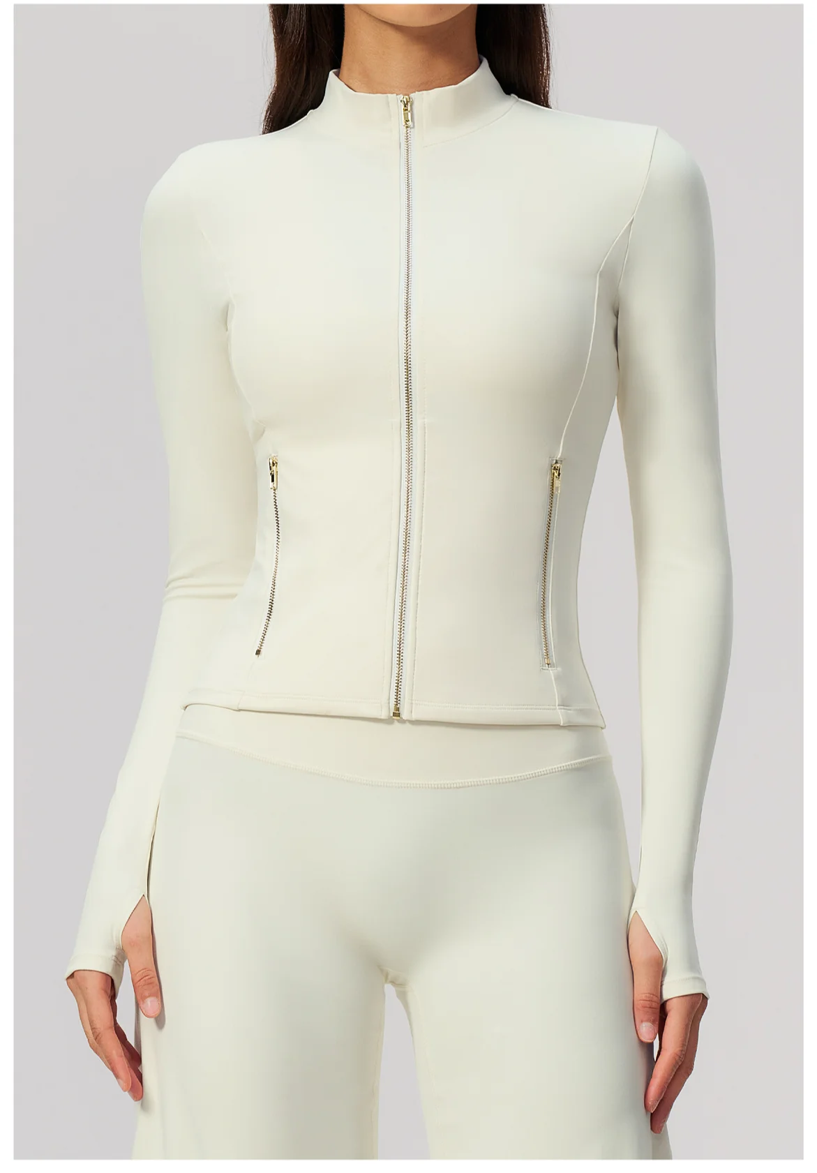Women Zip Up Long Sleeve Yoga Jacket Thumb Hole Stand Collar Slim Crop Athletic Top Fitness Running Workout Gym Sport Outerwear