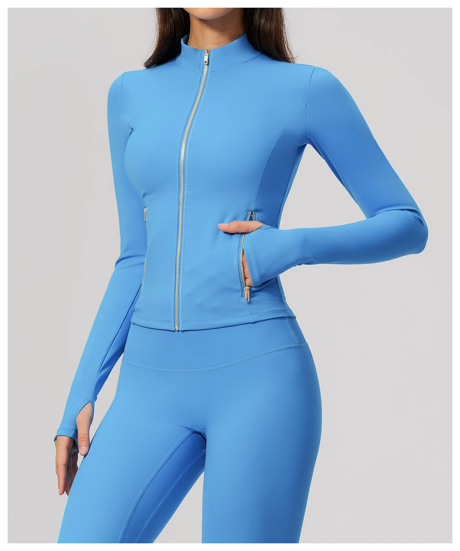 Women Zip Up Long Sleeve Yoga Jacket Thumb Hole Stand Collar Slim Crop Athletic Top Fitness Running Workout Gym Sport Outerwear