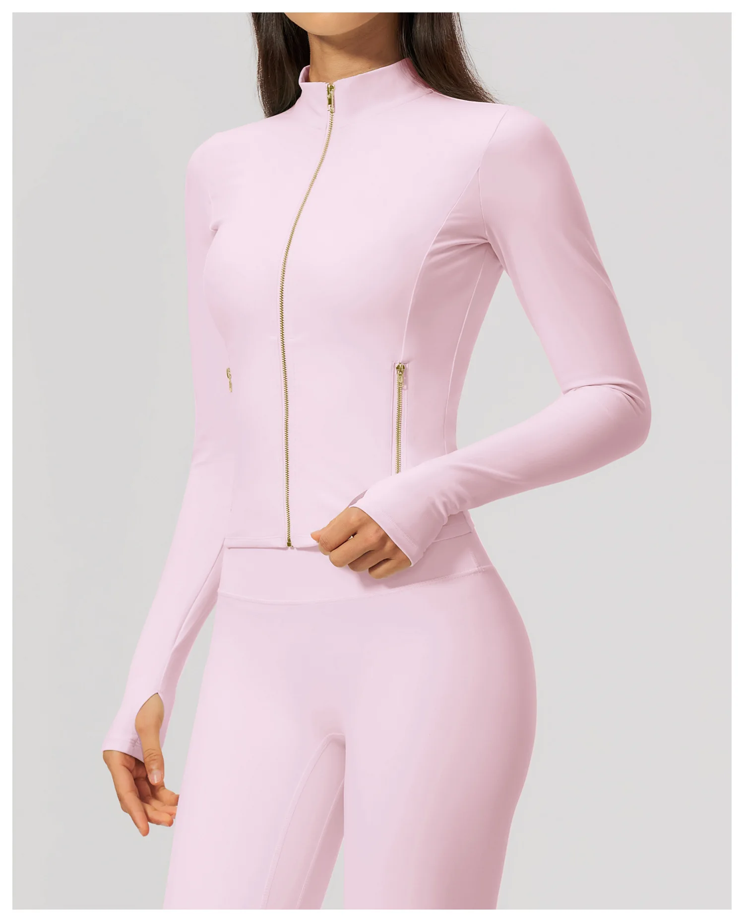 Women Zip Up Long Sleeve Yoga Jacket Thumb Hole Stand Collar Slim Crop Athletic Top Fitness Running Workout Gym Sport Outerwear