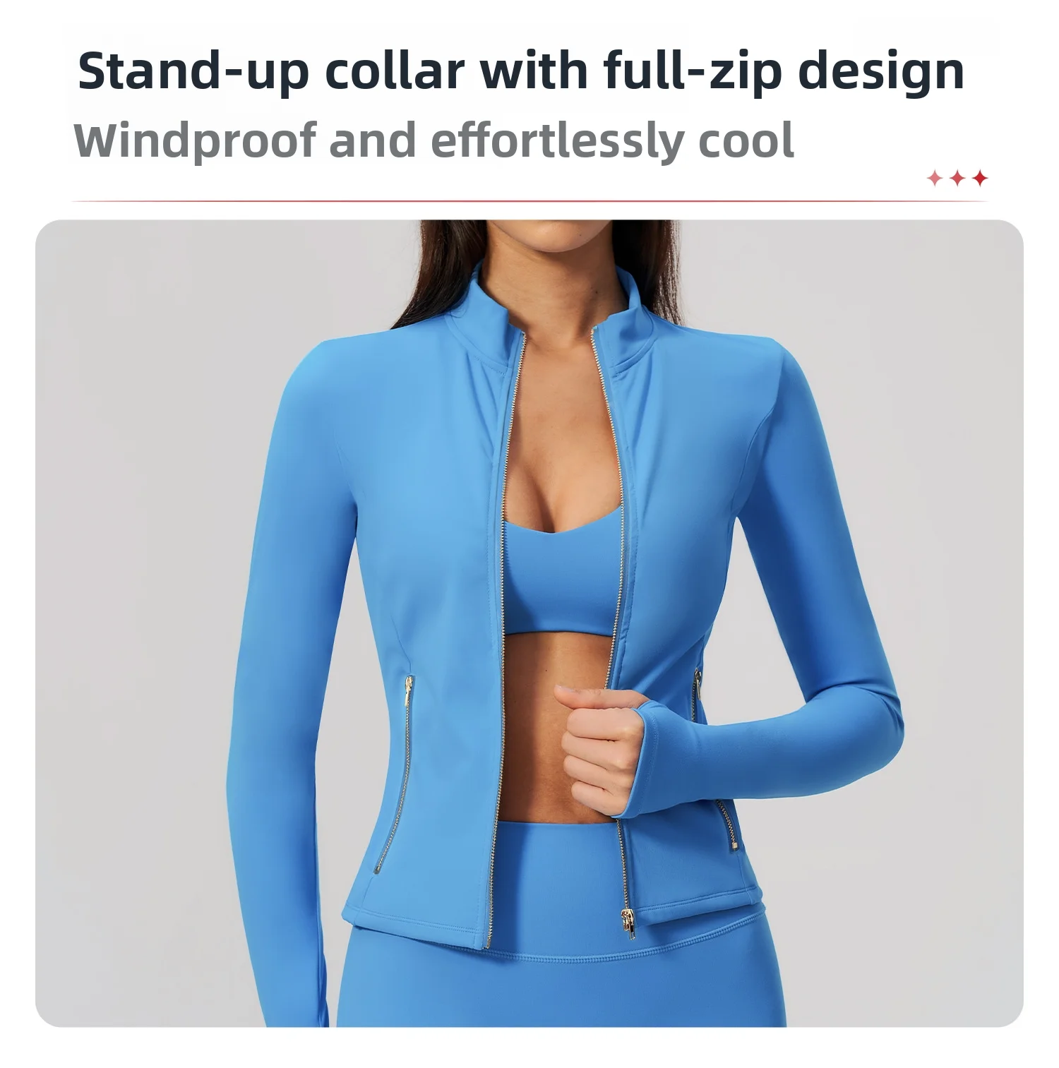 Women Zip Up Long Sleeve Yoga Jacket Thumb Hole Stand Collar Slim Crop Athletic Top Fitness Running Workout Gym Sport Outerwear