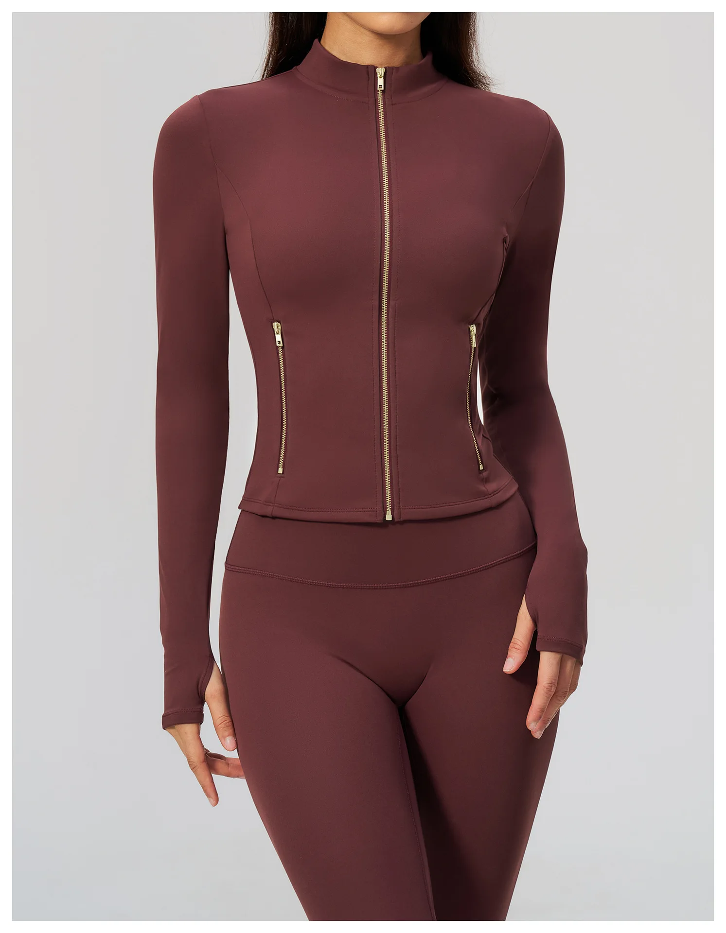 Women Zip Up Long Sleeve Yoga Jacket Thumb Hole Stand Collar Slim Crop Athletic Top Fitness Running Workout Gym Sport Outerwear