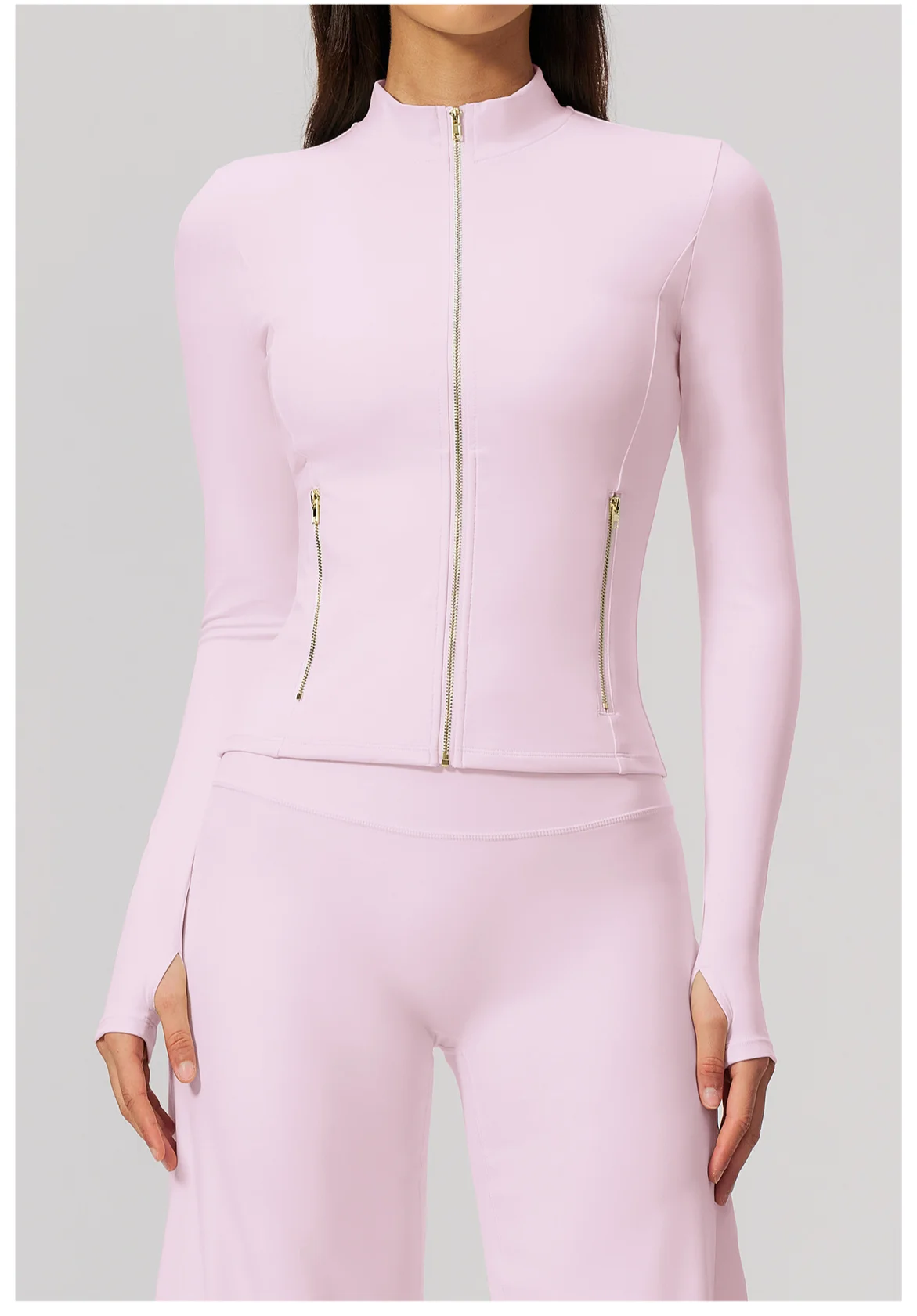 Women Zip Up Long Sleeve Yoga Jacket Thumb Hole Stand Collar Slim Crop Athletic Top Fitness Running Workout Gym Sport Outerwear