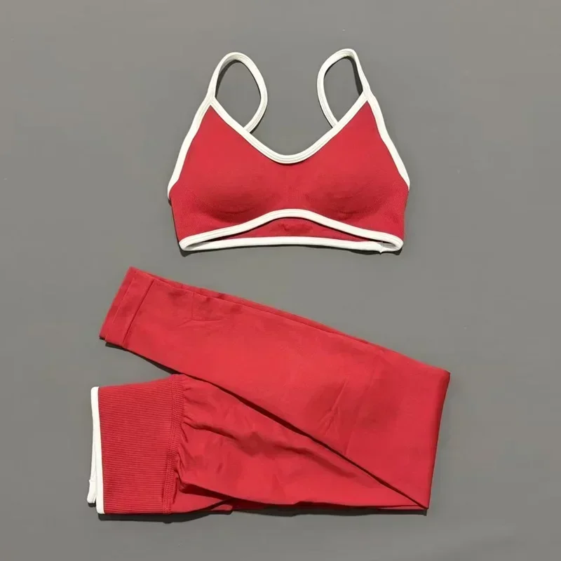 2 Pieces Trim Yoga Set Women Thin Strap V Neck Sports Bra High Waist Leggings High Elastic Breathable Fitness Workout Sportswear
