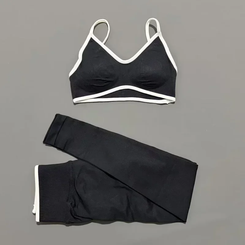 2 Pieces Trim Yoga Set Women Thin Strap V Neck Sports Bra High Waist Leggings High Elastic Breathable Fitness Workout Sportswear