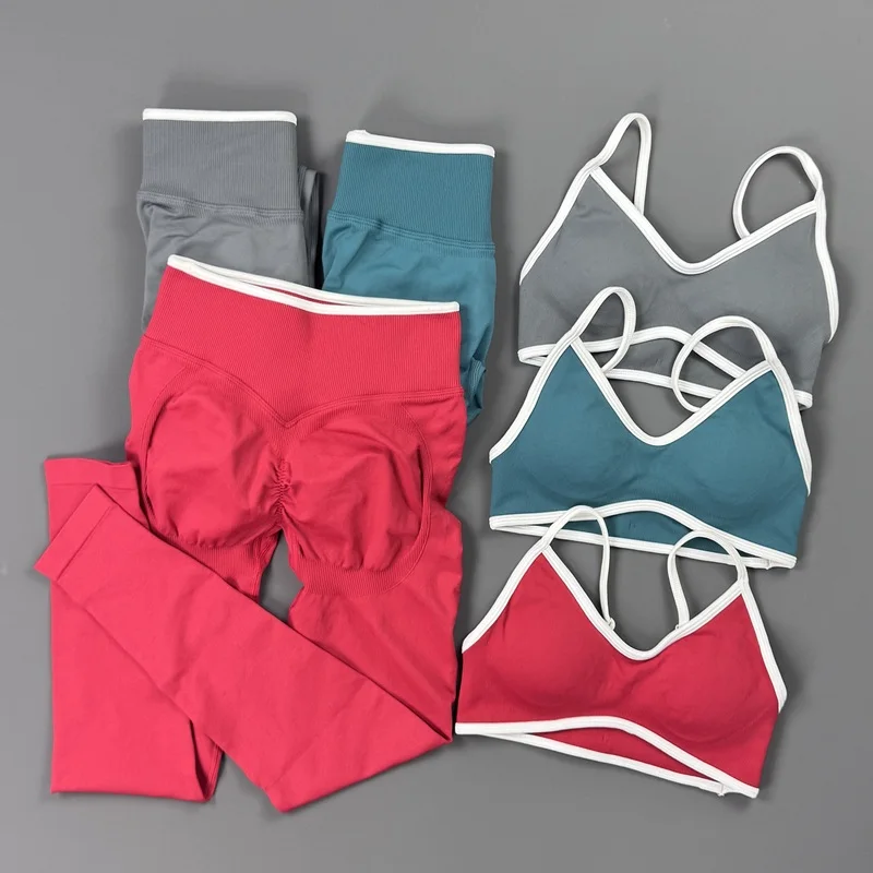 2 Pieces Trim Yoga Set Women Thin Strap V Neck Sports Bra High Waist Leggings High Elastic Breathable Fitness Workout Sportswear