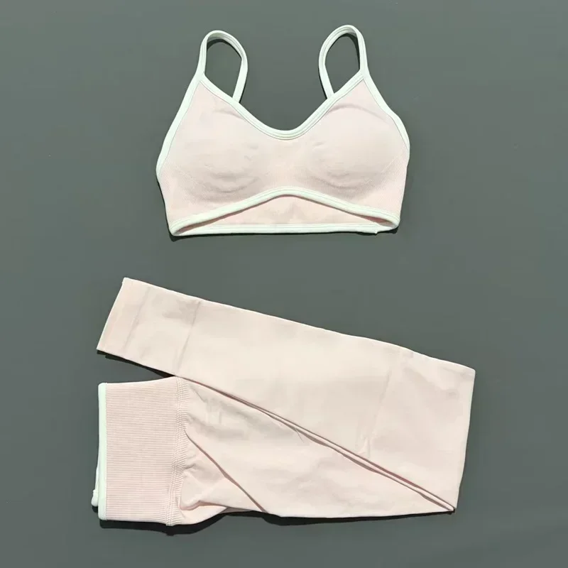 2 Pieces Trim Yoga Set Women Thin Strap V Neck Sports Bra High Waist Leggings High Elastic Breathable Fitness Workout Sportswear