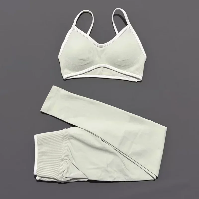 2 Pieces Trim Yoga Set Women Thin Strap V Neck Sports Bra High Waist Leggings High Elastic Breathable Fitness Workout Sportswear