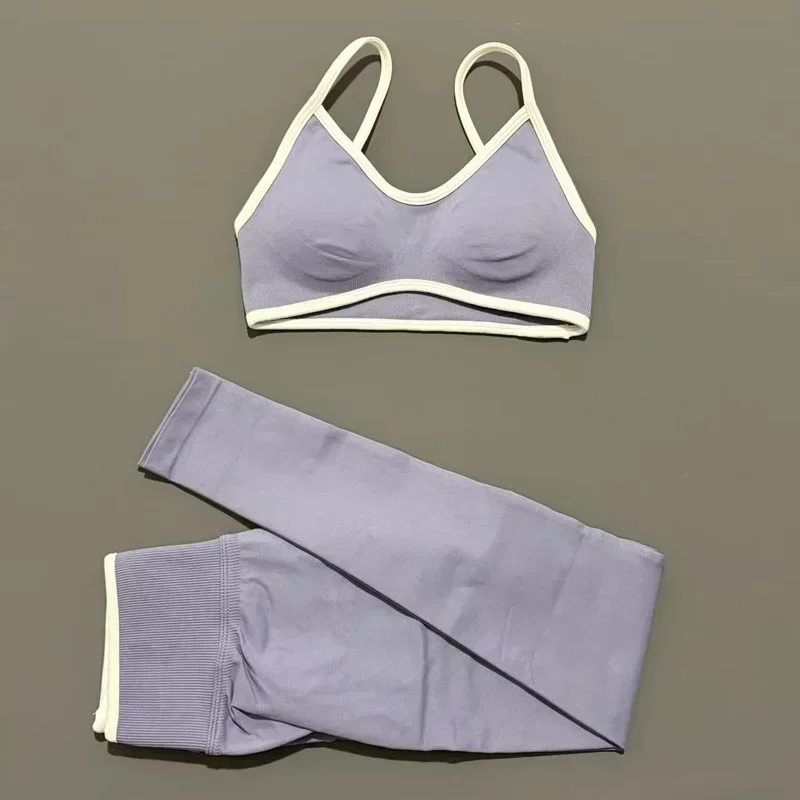 2 Pieces Trim Yoga Set Women Thin Strap V Neck Sports Bra High Waist Leggings High Elastic Breathable Fitness Workout Sportswear