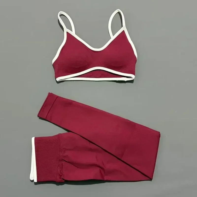 2 Pieces Trim Yoga Set Women Thin Strap V Neck Sports Bra High Waist Leggings High Elastic Breathable Fitness Workout Sportswear