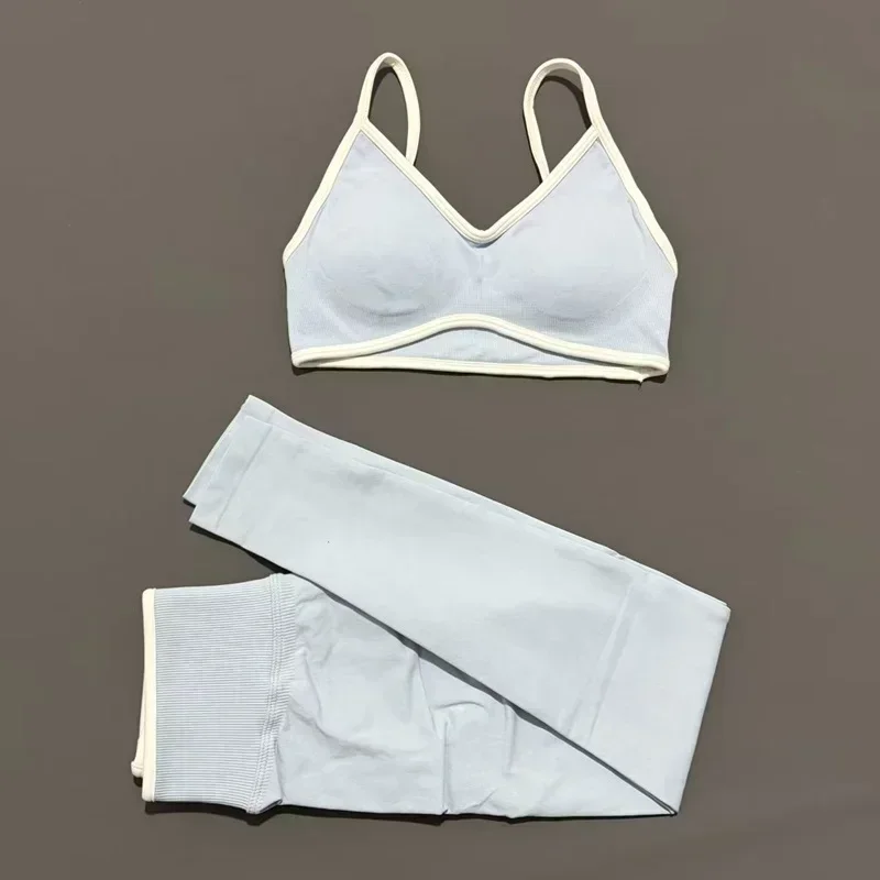 2 Pieces Trim Yoga Set Women Thin Strap V Neck Sports Bra High Waist Leggings High Elastic Breathable Fitness Workout Sportswear