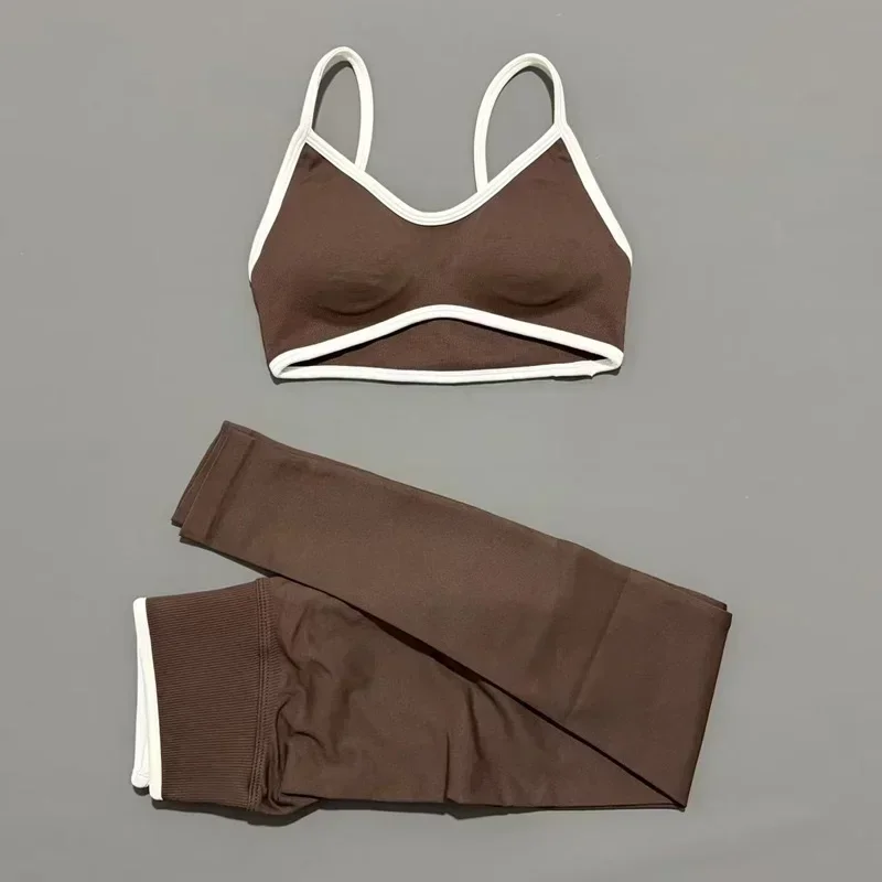 2 Pieces Trim Yoga Set Women Thin Strap V Neck Sports Bra High Waist Leggings High Elastic Breathable Fitness Workout Sportswear