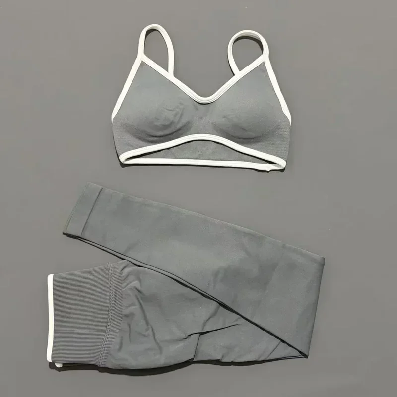 2 Pieces Trim Yoga Set Women Thin Strap V Neck Sports Bra High Waist Leggings High Elastic Breathable Fitness Workout Sportswear