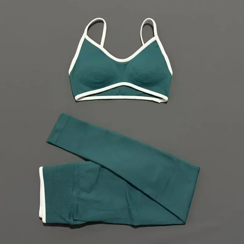 2 Pieces Trim Yoga Set Women Thin Strap V Neck Sports Bra High Waist Leggings High Elastic Breathable Fitness Workout Sportswear