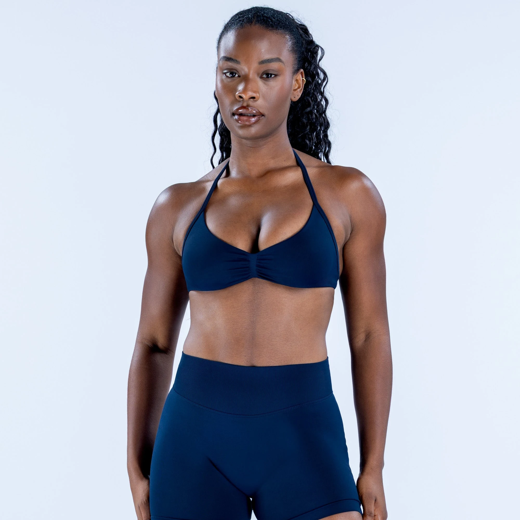 Strappy Bra Gym Top Women High Support Thin Strap Ruched Backless Halter Push Up Seamless Sports Bras Workout Yoga With Pads
