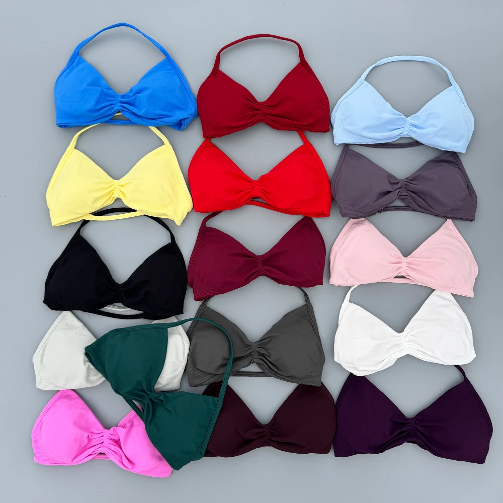 Strappy Bra Gym Top Women High Support Thin Strap Ruched Backless Halter Push Up Seamless Sports Bras Workout Yoga With Pads