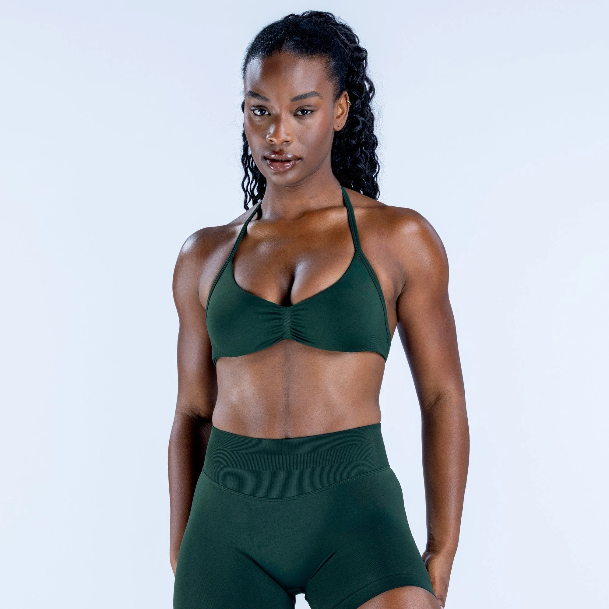Strappy Bra Gym Top Women High Support Thin Strap Ruched Backless Halter Push Up Seamless Sports Bras Workout Yoga With Pads
