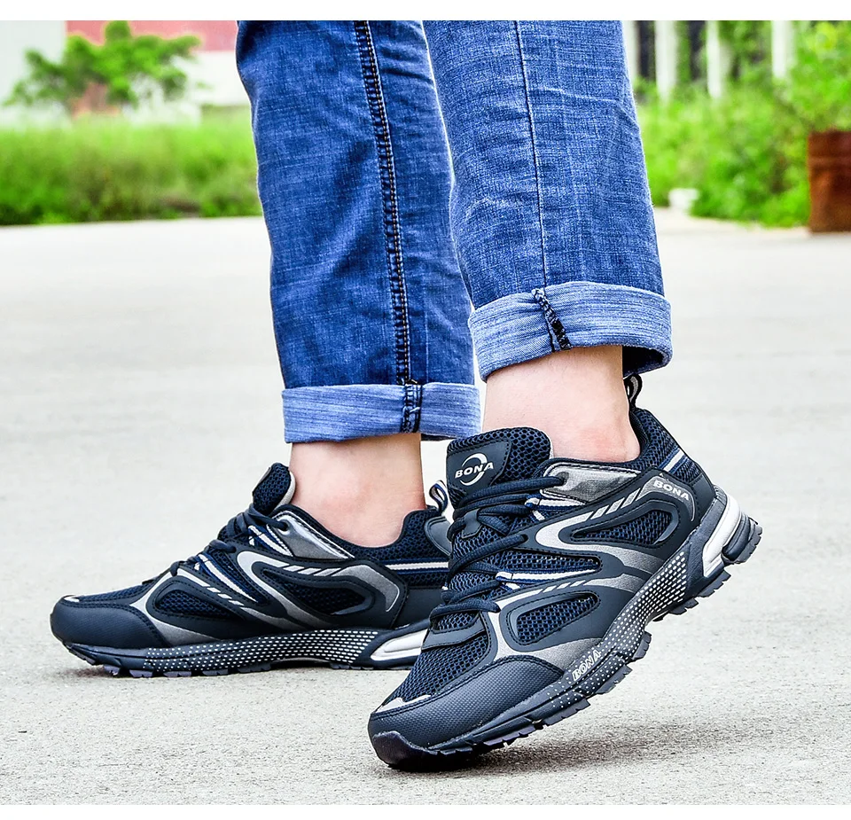 BONA New Arrival Classics Style Men Running Shoes Cow Split Mesh Men Sport Shoes Lace Up Outdoor Jogging Shoes