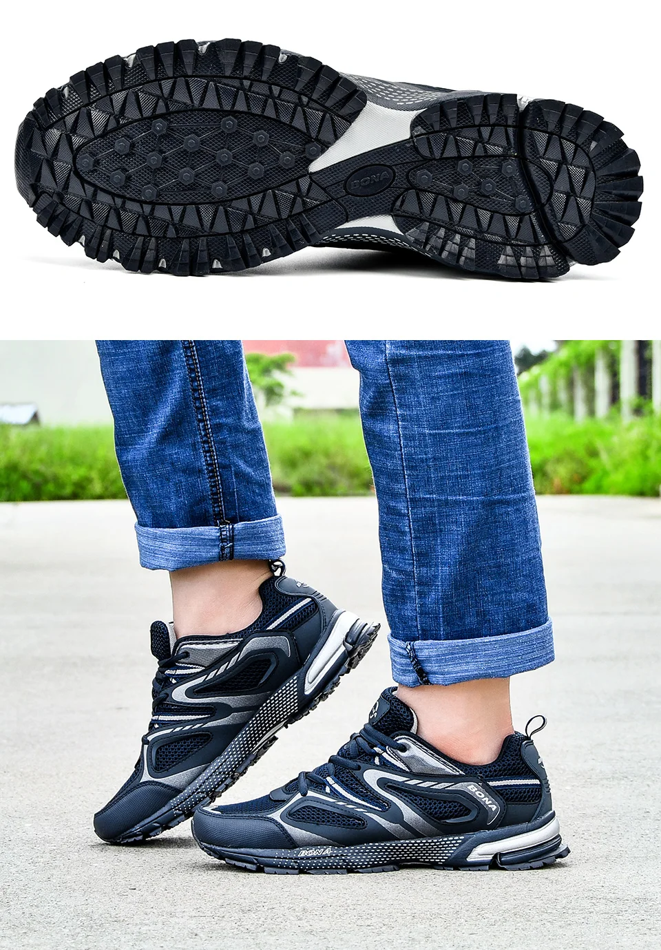 BONA New Arrival Classics Style Men Running Shoes Cow Split Mesh Men Sport Shoes Lace Up Outdoor Jogging Shoes
