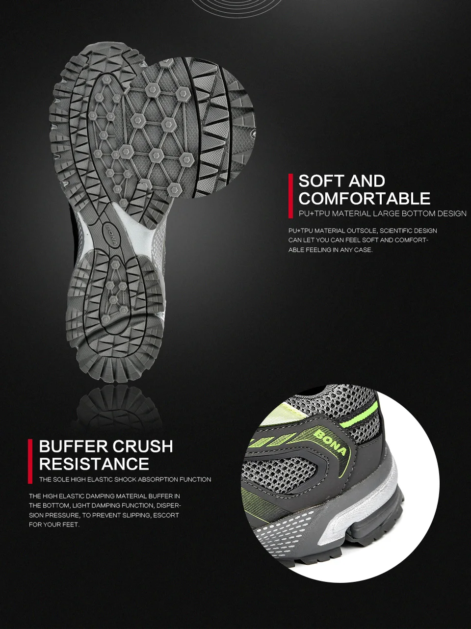 BONA New Arrival Classics Style Men Running Shoes Cow Split Mesh Men Sport Shoes Lace Up Outdoor Jogging Shoes