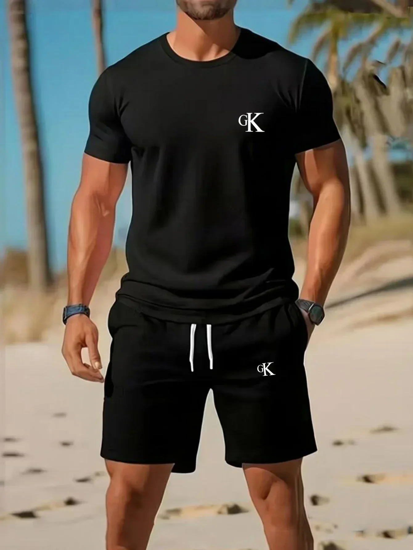 Sweat Wicking Lightweight Mesh Tracksuit for Men LooseGK Logo Print Short Sleeve Tee Drawstring Running Gym Shorts Athletic Suit