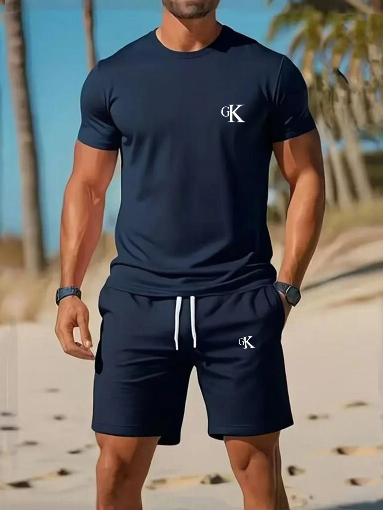 Sweat Wicking Lightweight Mesh Tracksuit for Men LooseGK Logo Print Short Sleeve Tee Drawstring Running Gym Shorts Athletic Suit
