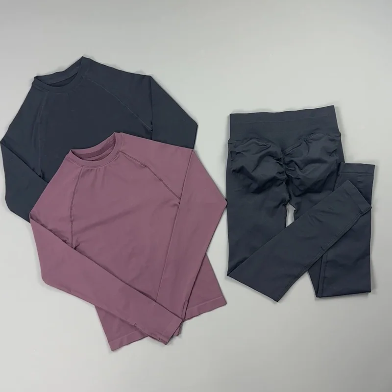 2 Pieces Gym Set Women Crew Neck Thumb Hole Long Sleeve Slim Crop Shirt Scrunch Butt Leggings Stretchy Soft Yoga Pilates Suit