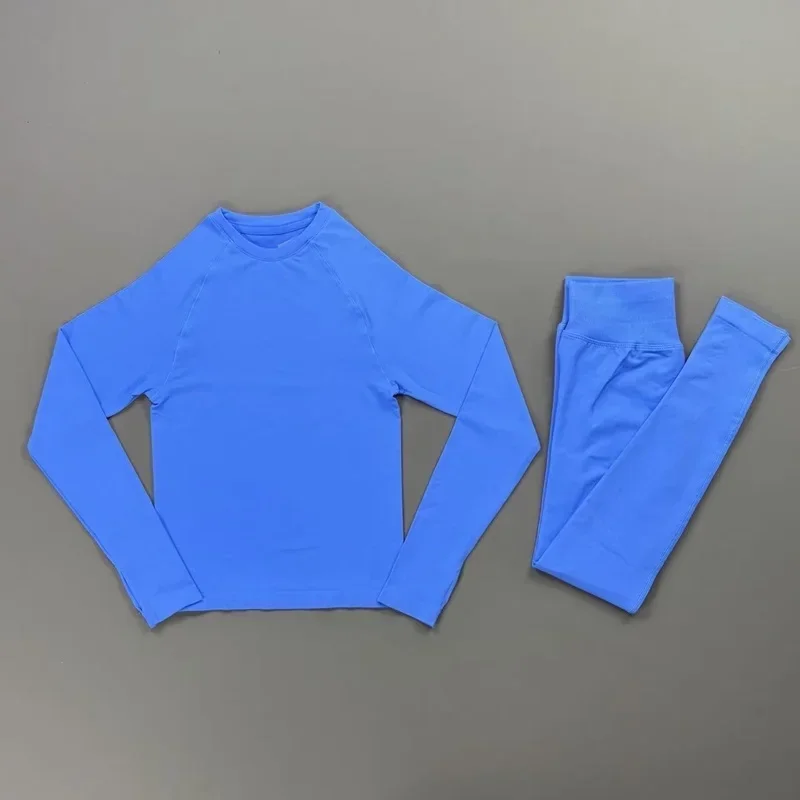 2 Pieces Gym Set Women Crew Neck Thumb Hole Long Sleeve Slim Crop Shirt Scrunch Butt Leggings Stretchy Soft Yoga Pilates Suit