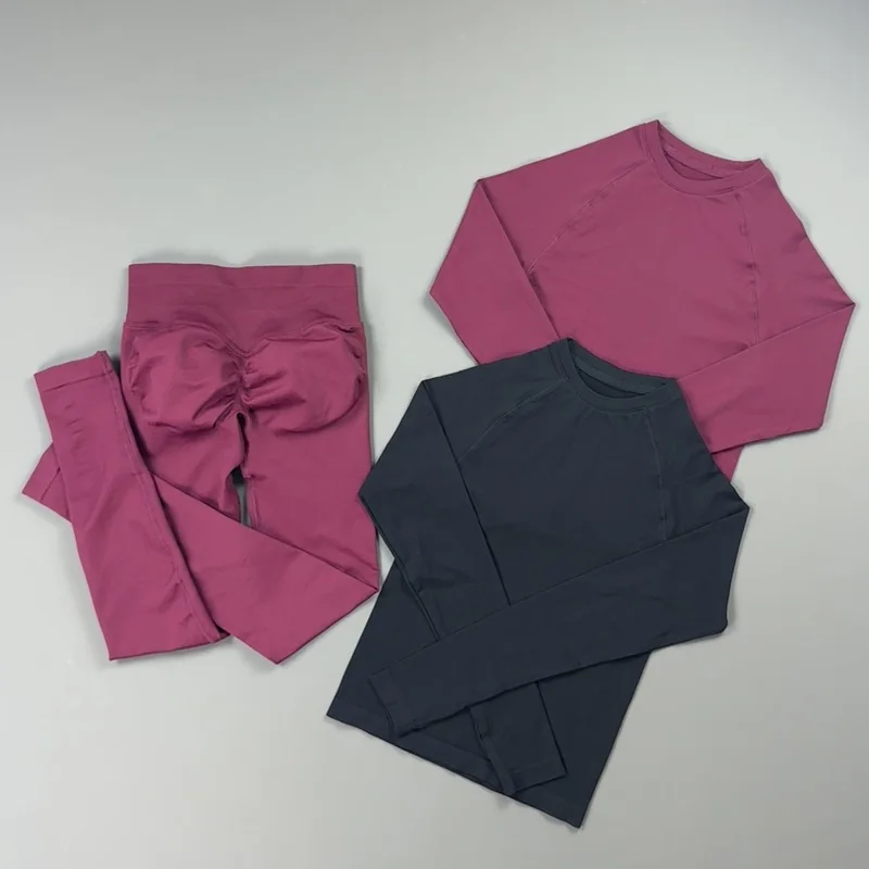 2 Pieces Gym Set Women Crew Neck Thumb Hole Long Sleeve Slim Crop Shirt Scrunch Butt Leggings Stretchy Soft Yoga Pilates Suit