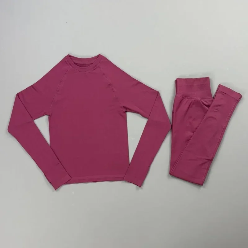 2 Pieces Gym Set Women Crew Neck Thumb Hole Long Sleeve Slim Crop Shirt Scrunch Butt Leggings Stretchy Soft Yoga Pilates Suit