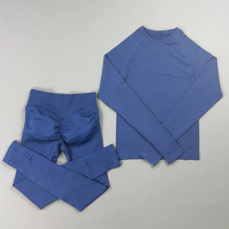 2 Pieces Gym Set Women Crew Neck Thumb Hole Long Sleeve Slim Crop Shirt Scrunch Butt Leggings Stretchy Soft Yoga Pilates Suit