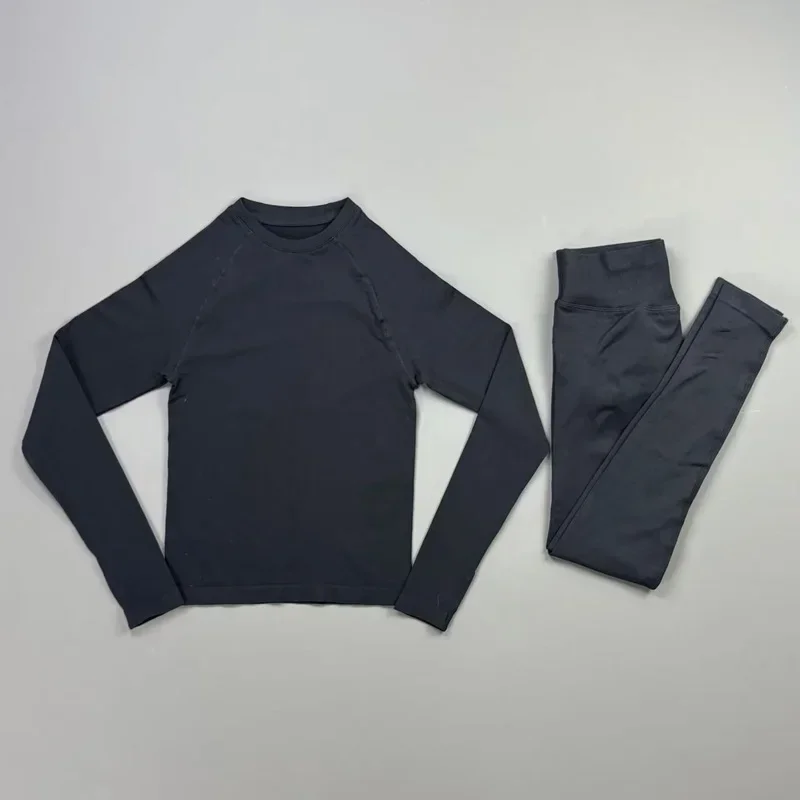 2 Pieces Gym Set Women Crew Neck Thumb Hole Long Sleeve Slim Crop Shirt Scrunch Butt Leggings Stretchy Soft Yoga Pilates Suit