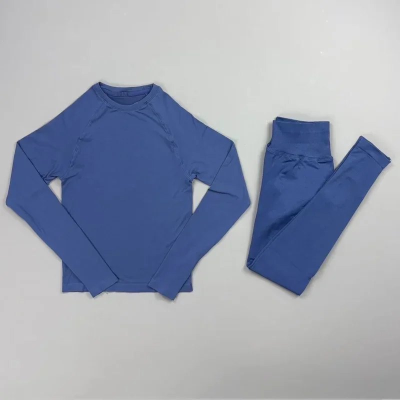 2 Pieces Gym Set Women Crew Neck Thumb Hole Long Sleeve Slim Crop Shirt Scrunch Butt Leggings Stretchy Soft Yoga Pilates Suit