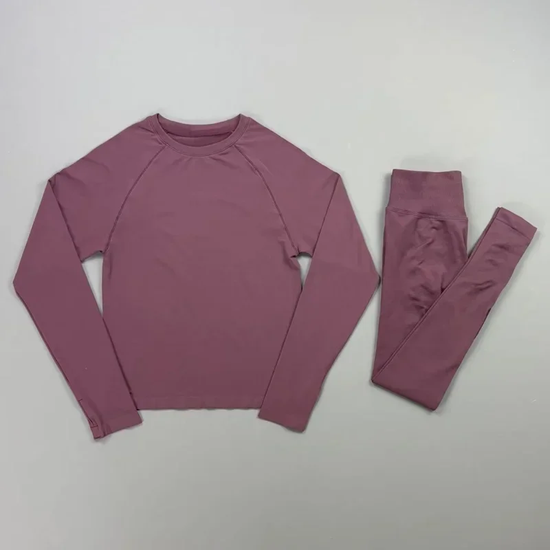 2 Pieces Gym Set Women Crew Neck Thumb Hole Long Sleeve Slim Crop Shirt Scrunch Butt Leggings Stretchy Soft Yoga Pilates Suit